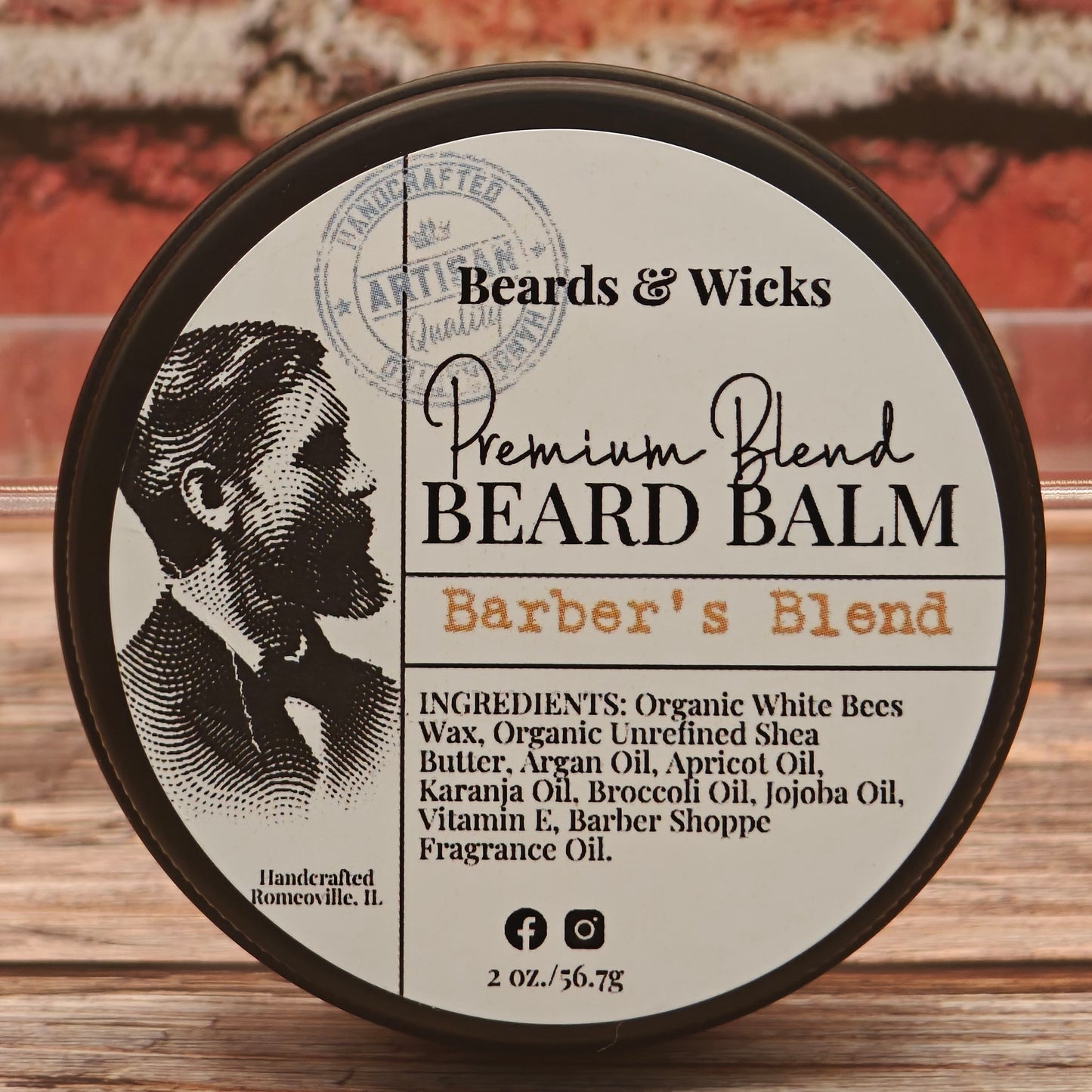 Beards & Wicks Premium Blend Beard Balm in Barber's Blend - 2 oz tin featuring vintage barber illustration, handcrafted in Romeoville, IL with organic ingredients including white beeswax, shea butter, argan oil, and jojoba oil for beard conditioning and styling