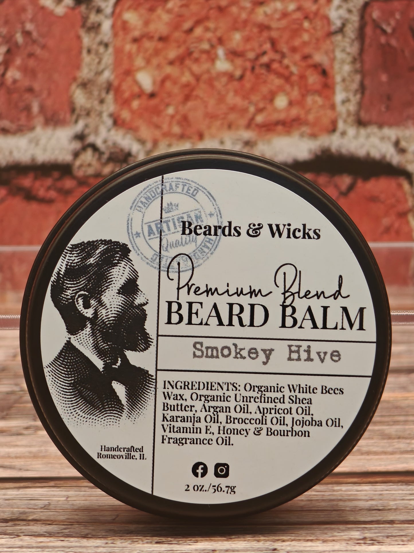 Beards & Wicks Premium Blend Beard Balm in Smokey Hive - 2 oz tin featuring vintage barber illustration, handcrafted in Romeoville, IL with organic ingredients including white beeswax, shea butter, argan oil, and jojoba oil for beard conditioning and styling