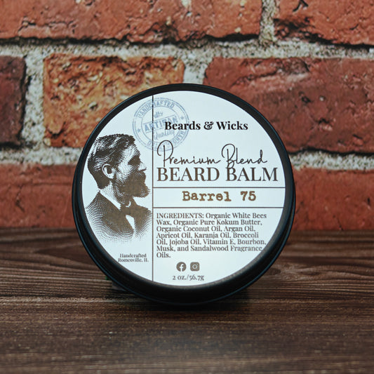 Beards & Wicks Premium Blend Beard Balm in Barrel 75 - 2 oz tin featuring vintage barber illustration, handcrafted in Romeoville, IL with organic ingredients including white beeswax, shea butter, argan oil, and jojoba oil for beard conditioning and styling
